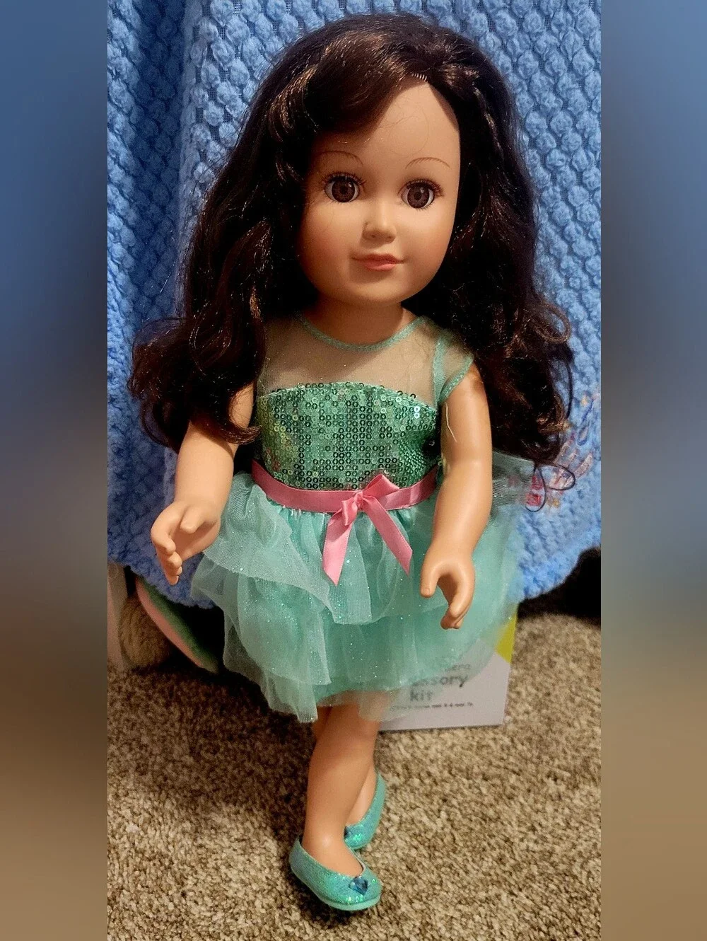 Kids Sequin Green Party Doll with Pink Ribbon